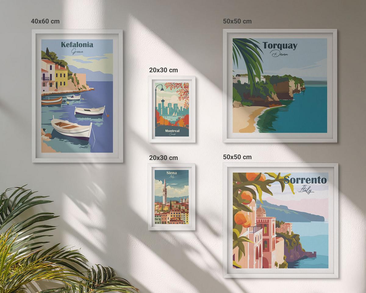 BILDER SET 5er Set - 50x50 cm & 20x30 cm & 40x60 cm Weißer Rahmen - Retro-Illustrationen berühmter Orte - Weiß, Kunststoff (40/60cm) - TULUP