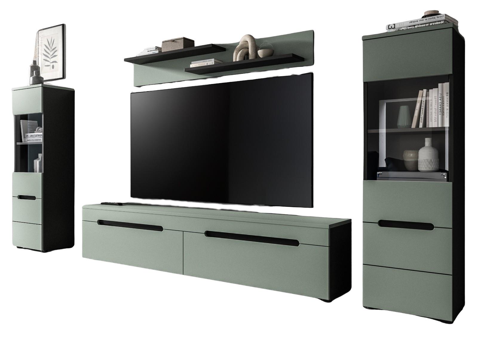 WOHNWAND Salbei Grün und Grau, Schrankwand 270 cm hängend oder stehend, Soft-Close - Salbeigrün/Schwarz, Glas/Holzwerkstoff (272/141/33cm) - Inn.Furn