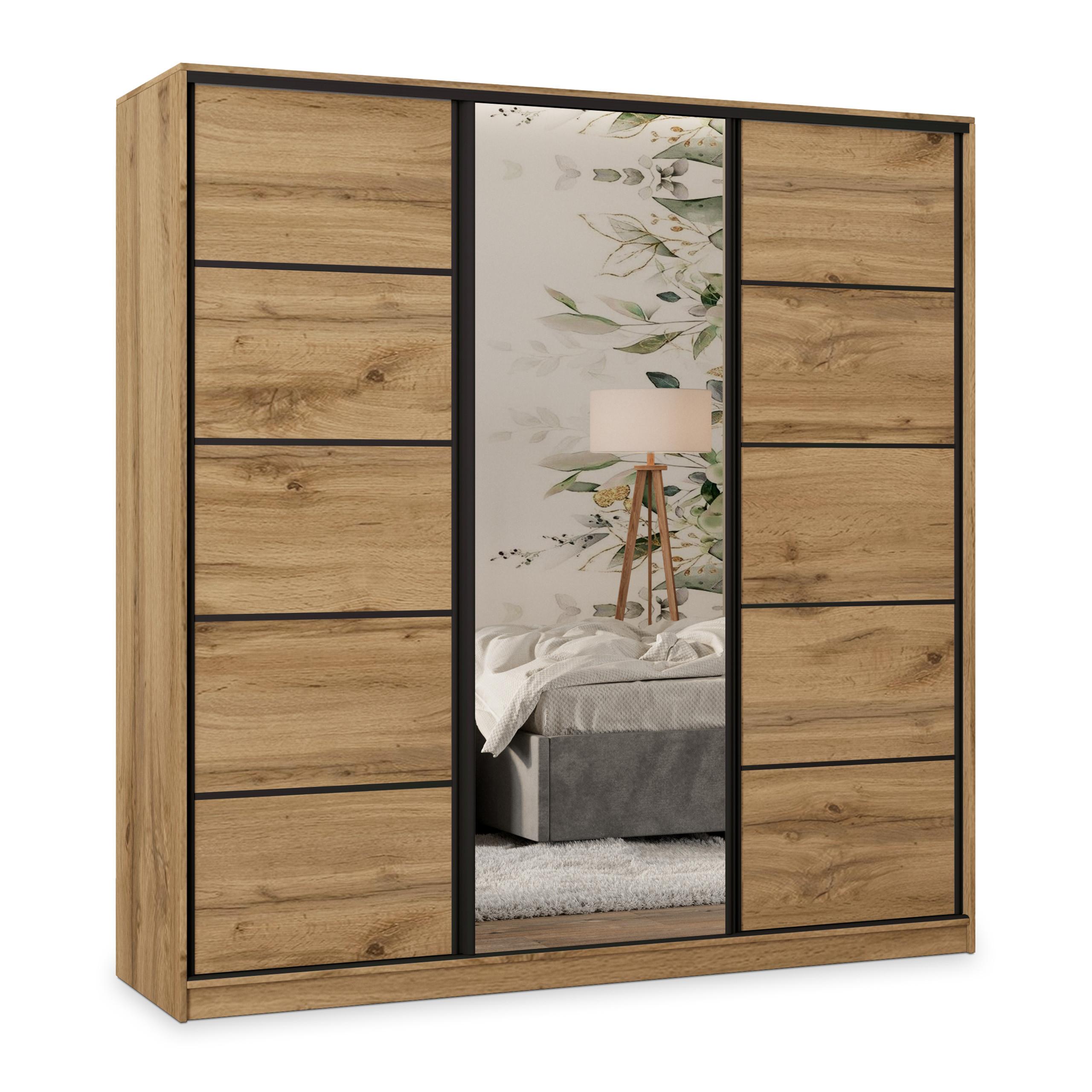 SCHWEBETÜRENSCHRANK PINA 180/205/58 cm 3-türig mit Spiegel und Schubladen Eiche Wotan - Eiche Wotan/Schwarz, Holzwerkstoff (180/205/58cm) - MASSENO