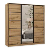 SCHWEBETÜRENSCHRANK PINA 180/205/58 cm 3-türig mit Spiegel und Schubladen Eiche Wotan - Eiche Wotan/Schwarz, Holzwerkstoff (180/205/58cm) - MASSENO