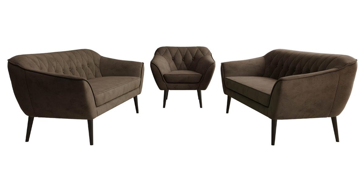 SITZGARNITUR PIRS 3+3+1 - Braun Velvet - Schwarze Beine - Dunkelbraun/Schwarz, Holzwerkstoff/Textil (180/75/74cm) - MKS
