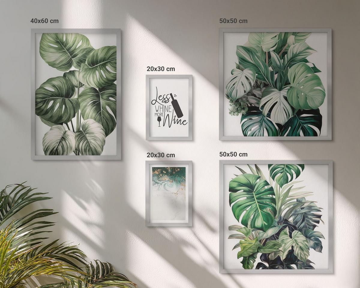 BILDER SET 5er Set - 50x50 cm & 20x30 cm & 40x60 cm Silberner Rahmen - Grüne Weinblätter - Silberfarben, Kunststoff (40/60cm) - TULUP