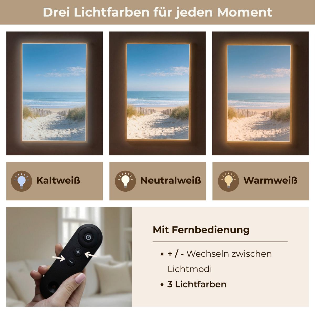 WANDLEUCHTE MIT AKKU Strand - Meer - Düne - Sand - Sommer 70x100 cm - Sandfarben, Holzwerkstoff (70/100/8cm) - OnlyWow