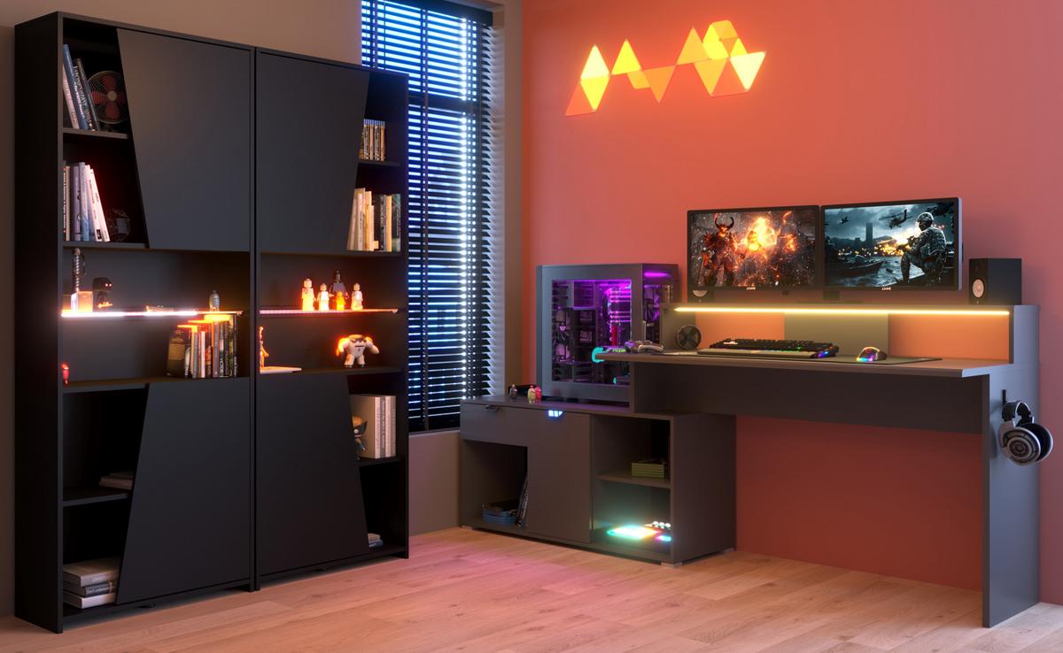 SCHREIBTISCHKOMBINATION schwarz, grau, Set Gamingtisch und 2x Regal inklusive LED mit Farbwechsel - Schwarz/Grau, Holzwerkstoff/Kunststoff (180/229/180cm) - Parisot Meuble