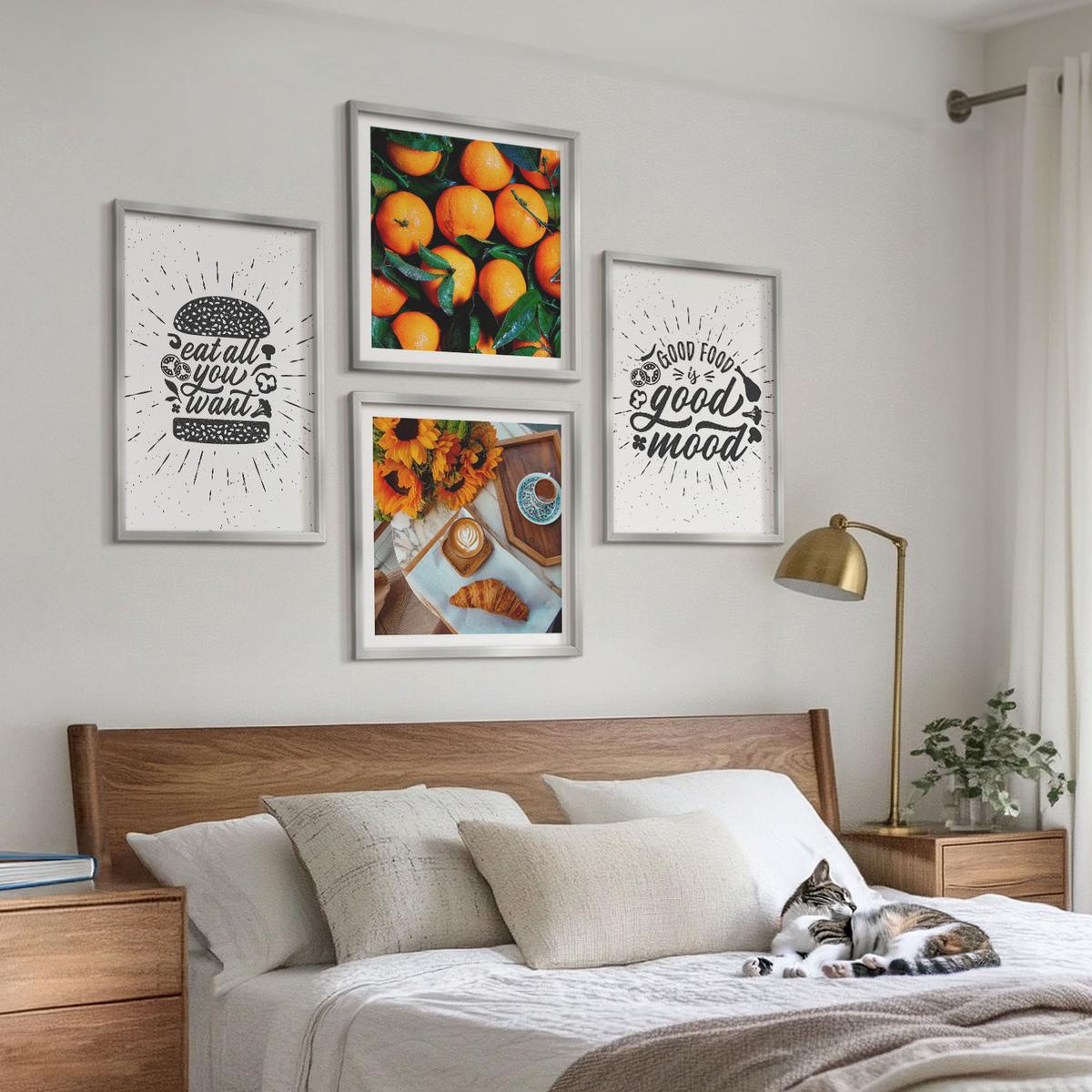 BILDER SET 4er Set - 50x50 cm & 40x60 cm Silberner Rahmen - Juicy Oranges Kitchen - Silberfarben, Kunststoff (50/50cm) - TULUP