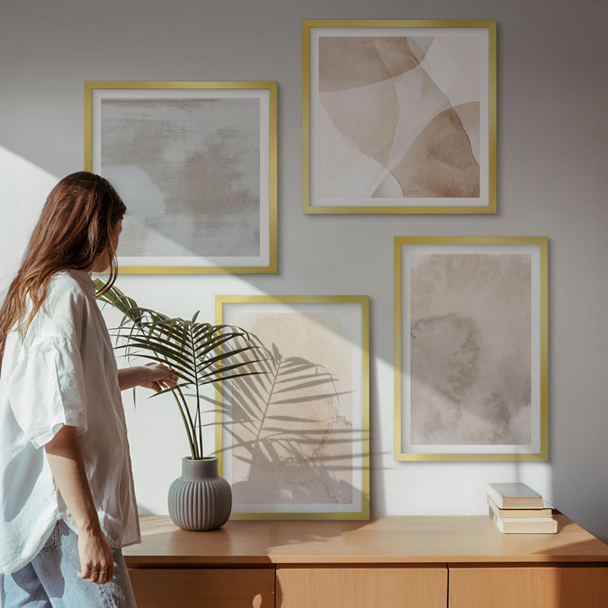 BILDER SET 4er Set - 50x50 cm & 40x60 cm Goldrahmen - Warme Aquarell-Pastelltexturen - Goldfarben, Kunststoff (50/50cm) - TULUP