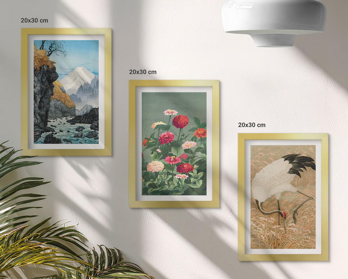 BILDER SET 3er Set - 20x30 cm Goldrahmen - Berglandschaft, Fluss, Blumen, Kraniche - Goldfarben, Kunststoff (20/30cm) - TULUP