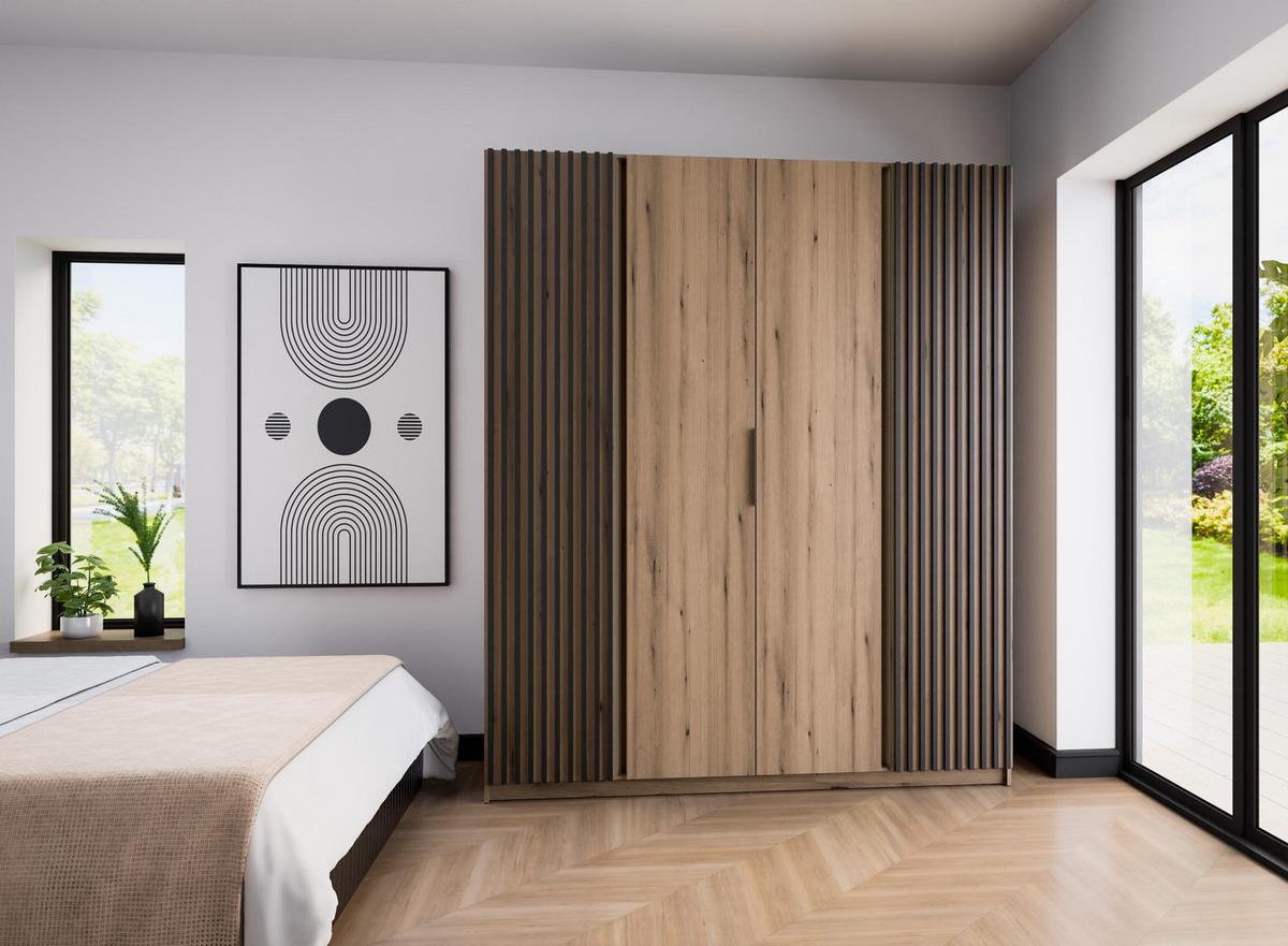 KLEIDERSCHRANK Nehir Korpus Eiche Evoke, Front Eiche Evoke/Schwarz 200 cm - 4T Modern mit 2 Lamellentüren außen - Eichefarben, Holzwerkstoff/Kunststoff (200/239/61.9cm) - AX Living