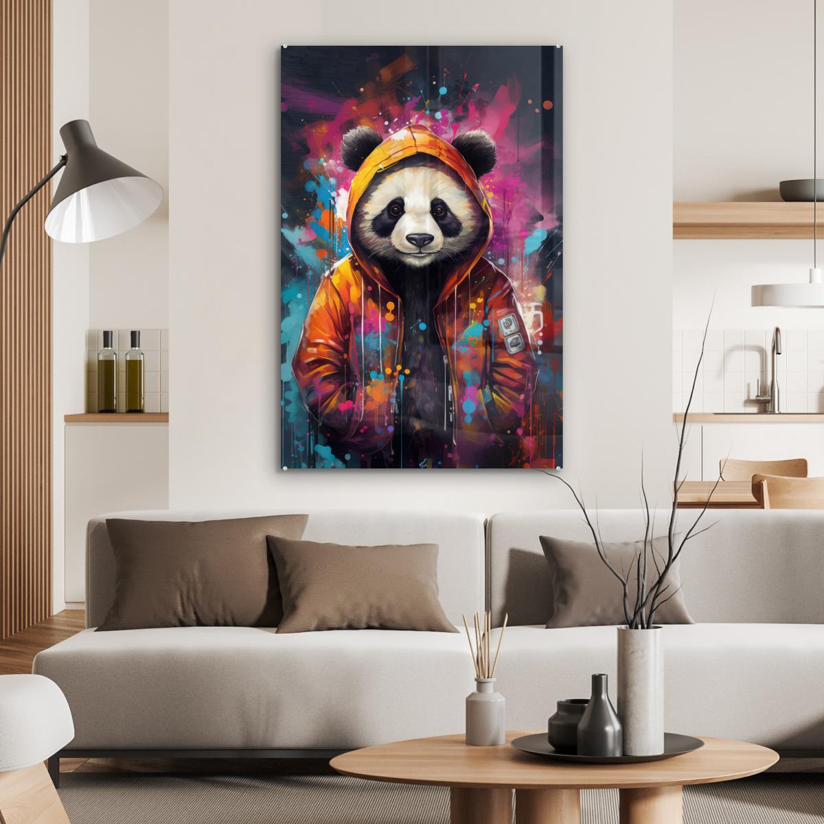 ACRYLGLASBILD Panda - Jacke - Graffiti - Orange 80x120 cm - Orange, Glas (80/120cm) - MuchoWow