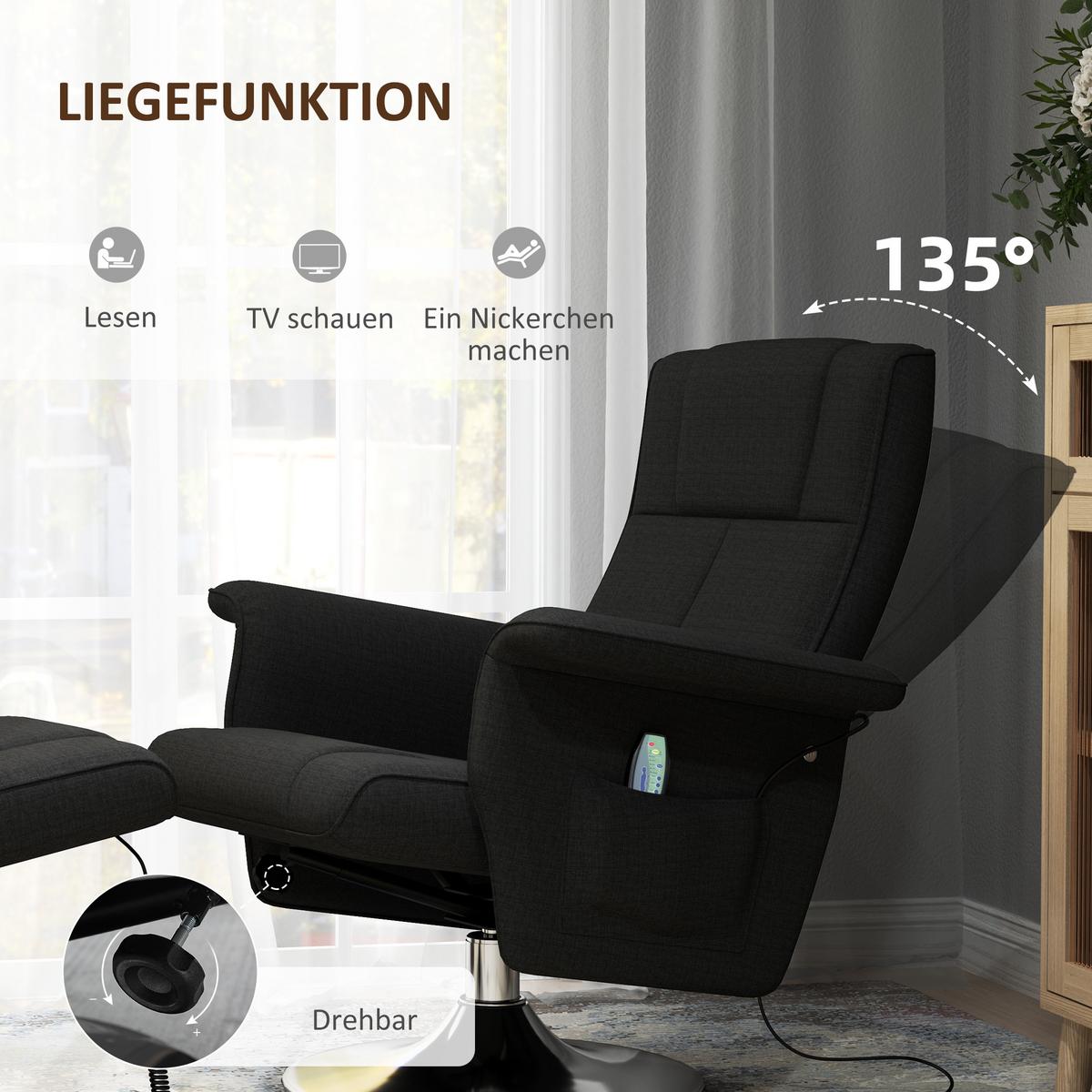 MASSAGESESSEL mit Fußhocker, elektrischer Relaxsessel mit Liegefunktion Schwarz - Schwarz, Textil/Metall (95/88/78cm) - HOMCOM