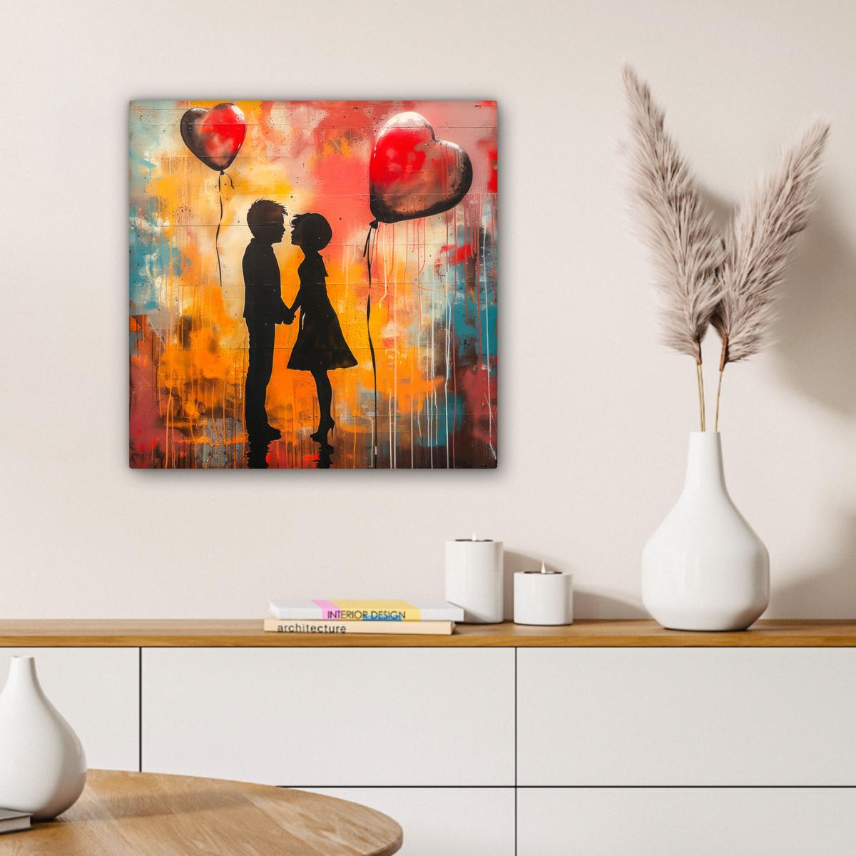 LEINWANDBILD Straßenkunst - Liebe - Graffiti - Kunst - Banksy Wandbild Wohnzimmer 50x50 cm - Orange, Textil (50/50cm) - MuchoWow
