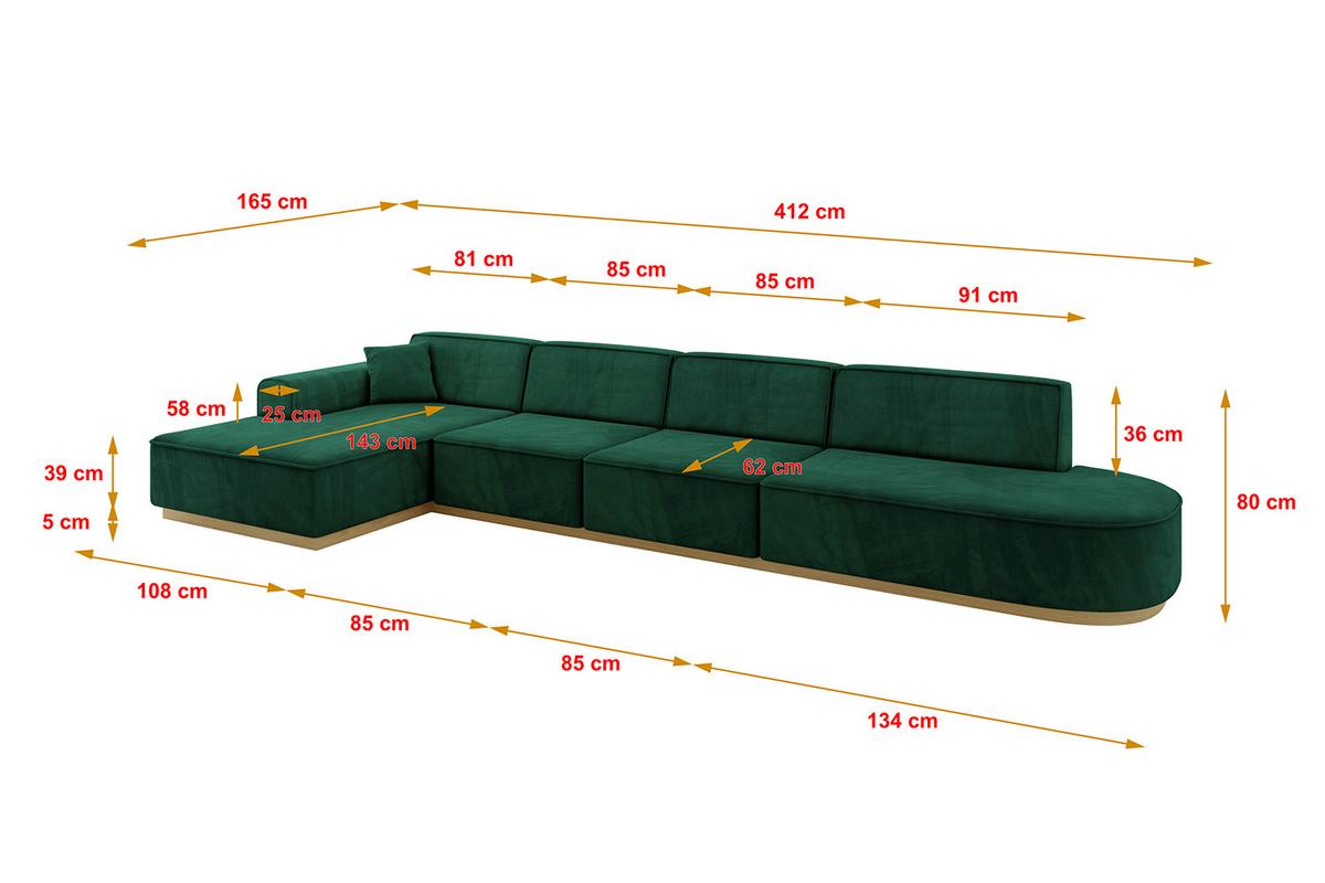 ECKSOFA Ottomane Links IREA-L3-v2 - 412x165x80 cm Grün - Dunkelgrün, Holzwerkstoff/Textil (412/165cm) - ALTDECOR