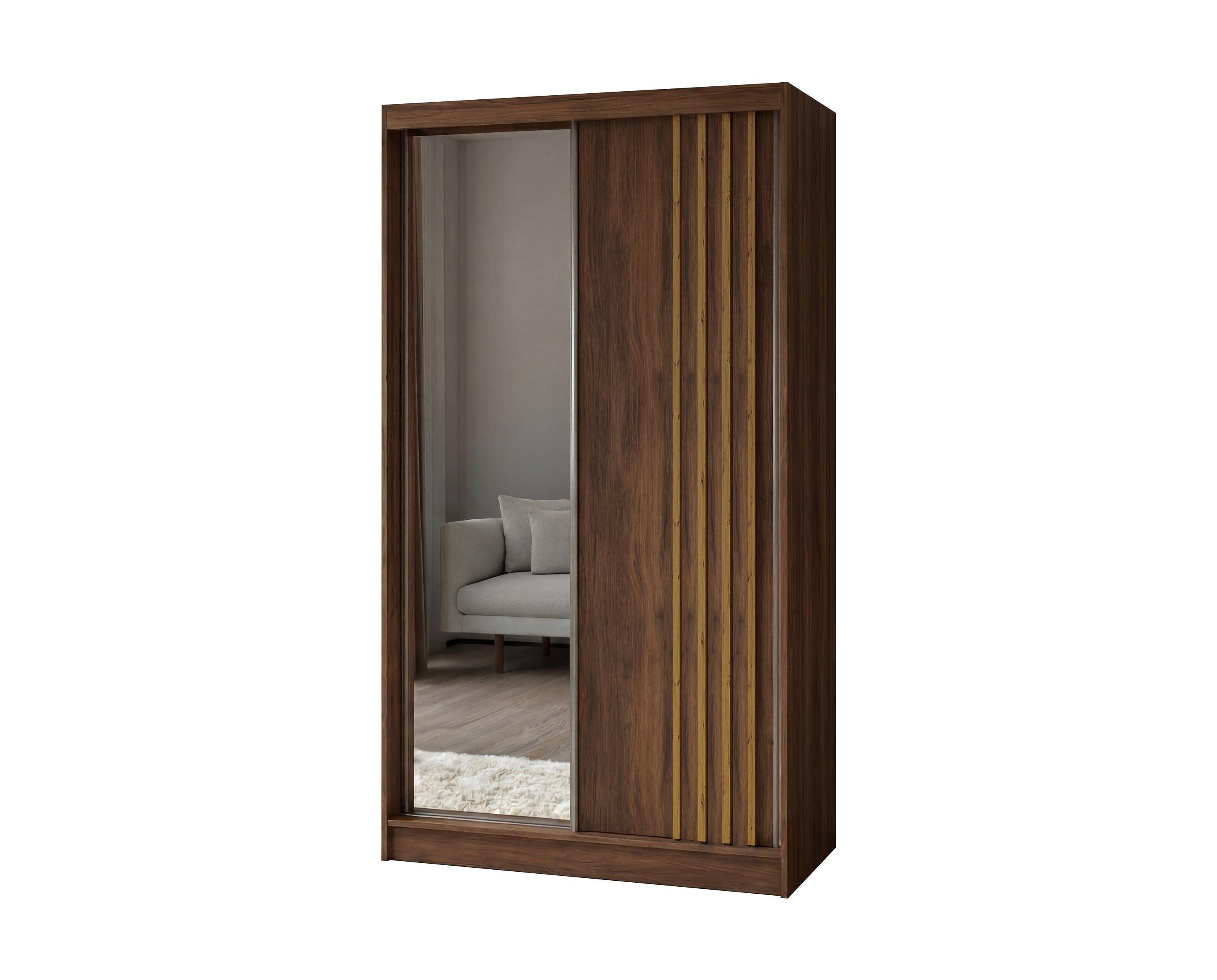 SCHWEBETÜRENSCHRANK NELVIA 120/216/61 cm Modern Kleiderschrank 2-türig mit Spiegel Nussbaumfarben - Nussbaumfarben, Holzwerkstoff (120/216/61cm) - MASSENO