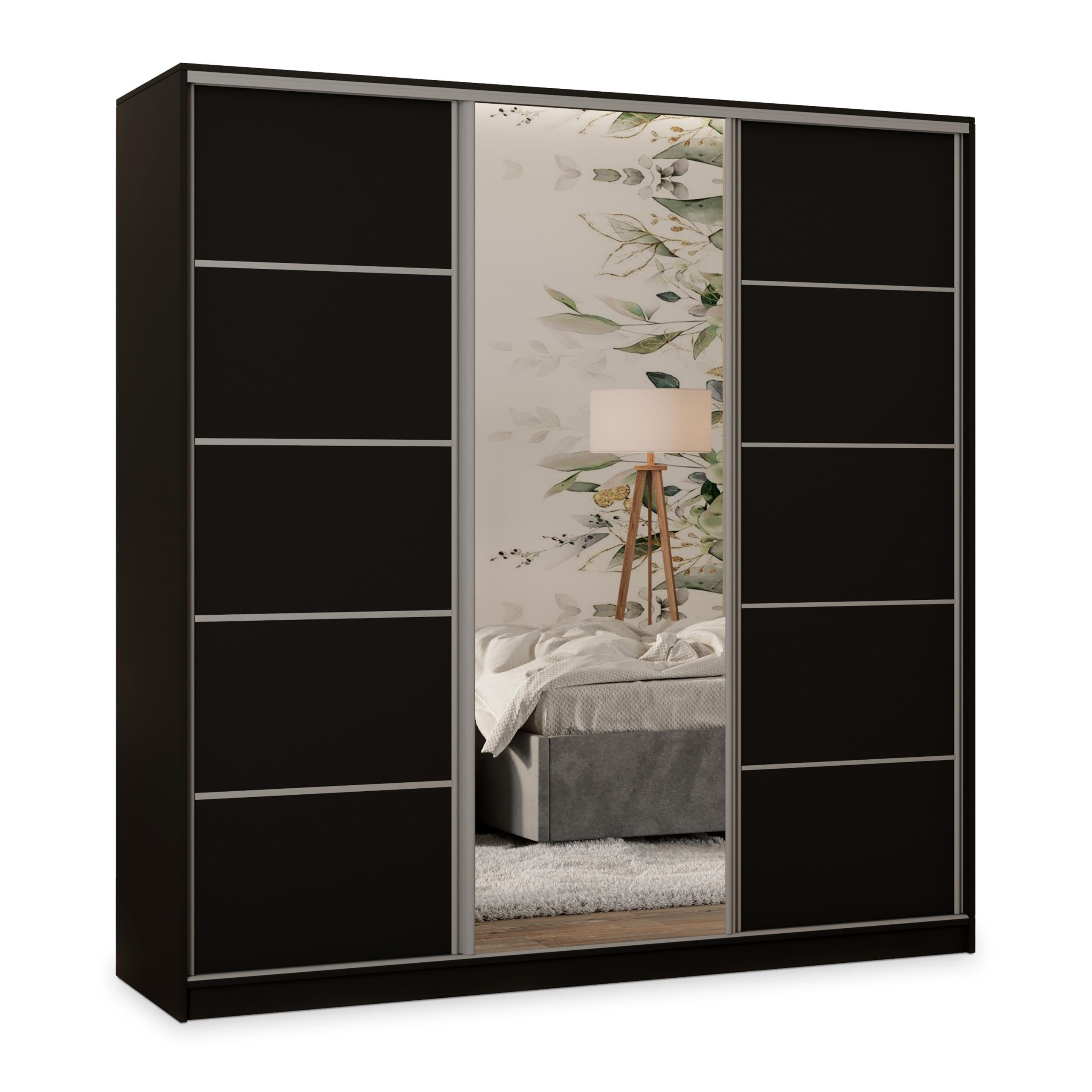 SCHWEBETÜRENSCHRANK PINA 180/205/58 cm 3-türig mit Spiegel und Schubladen Schwarz - Silberfarben/Schwarz, Holzwerkstoff (180/205/58cm) - MASSENO
