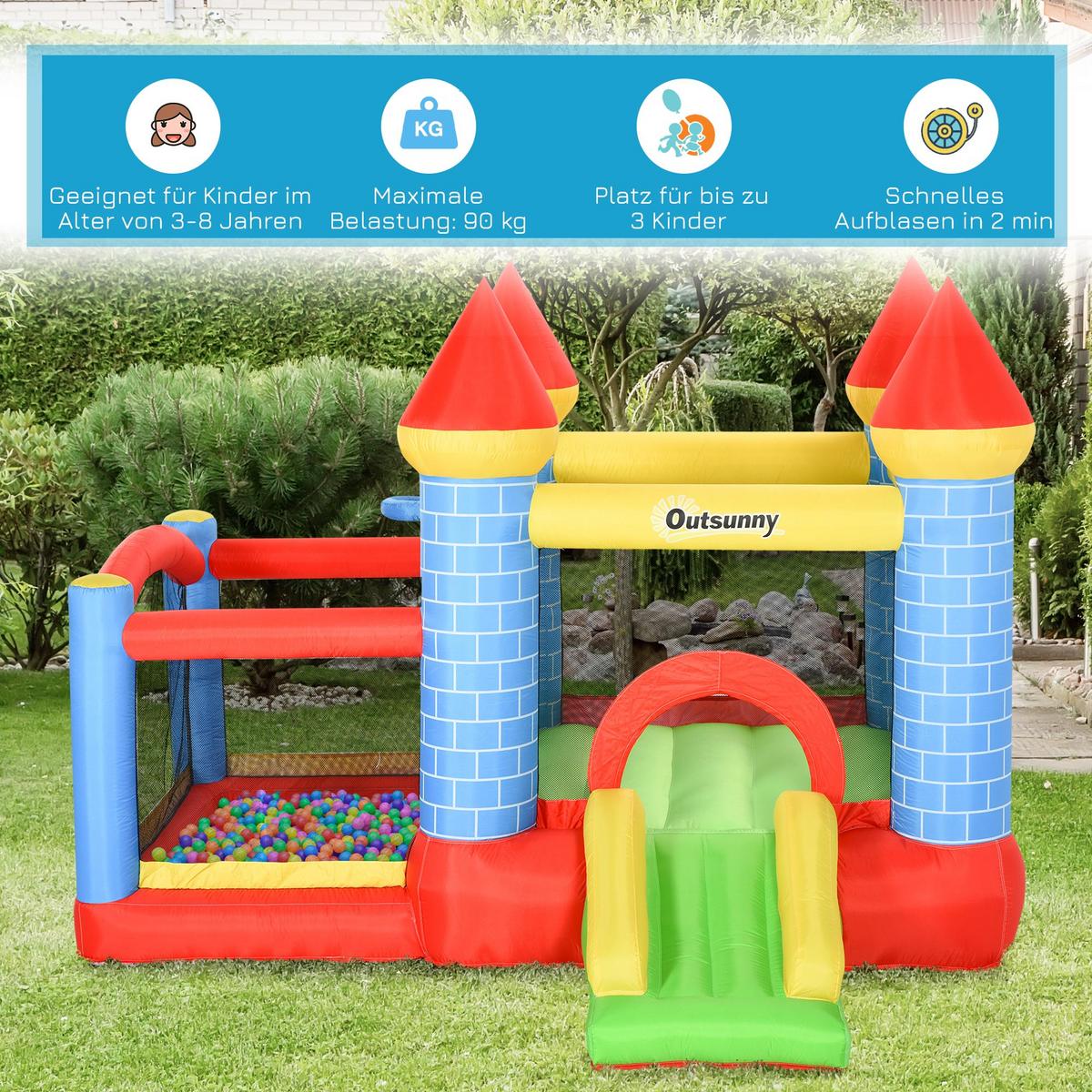 AUFBLASBARE Hüpfburg mit Rutsche Pool für 3 Kinder Burg mit Gebläse - Rot, Kunststoff (280/260/210cm) - Outsunny