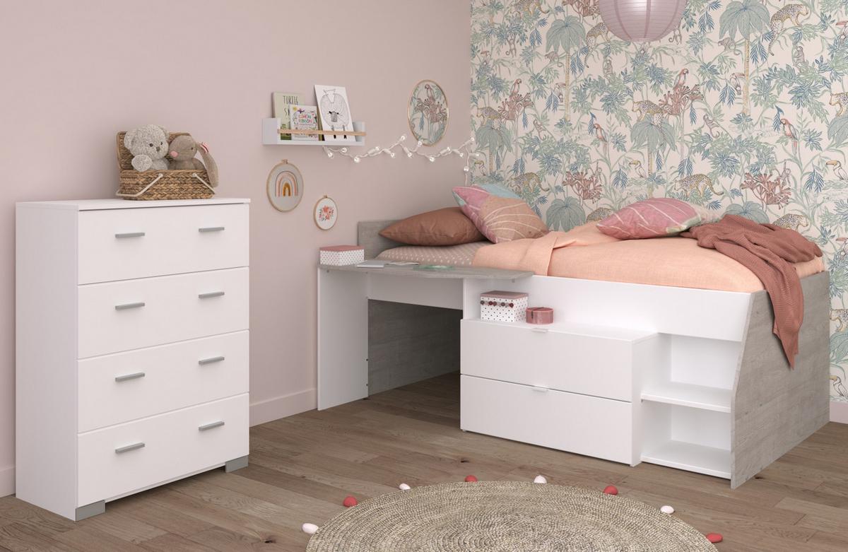 KINDERZIMMER weiß, grau, Set 2-teilig mit Stauraumbett, Kommode - Silberfarben/Weiß, Holzwerkstoff/Kunststoff (135/106/203cm) - Parisot Meuble