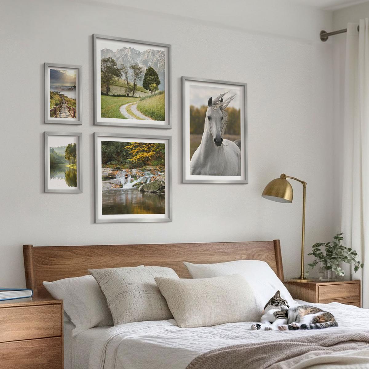 BILDER SET 5er Set - 50x50 cm & 20x30 cm & 40x60 cm Silberner Rahmen - Natur des Flusses White Horses - Silberfarben, Kunststoff (40/60cm) - TULUP