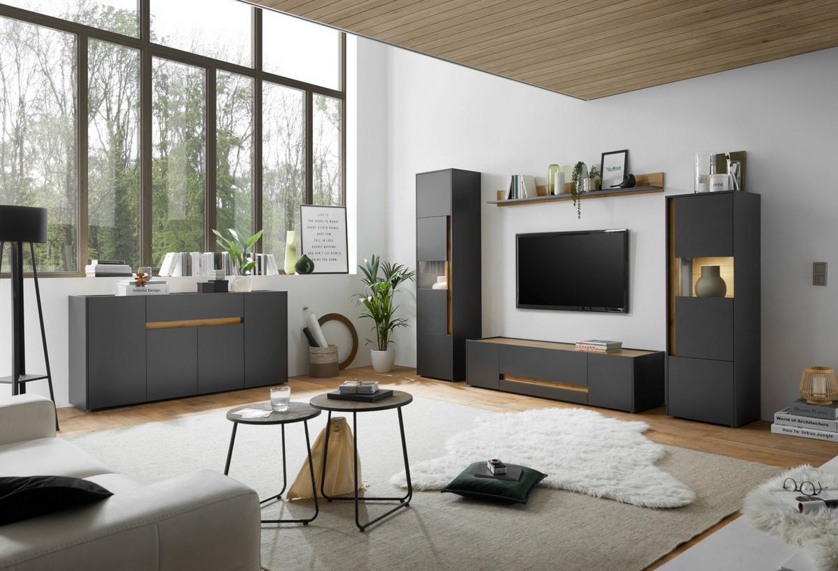 VITRINE grau matt, Eiche Wotan 50 x 197 cm, Vitrinenschrank 5 Fächer - Eiche Wotan/Schwarz, Glas/Holz (50/197/40cm) - Furn.Design