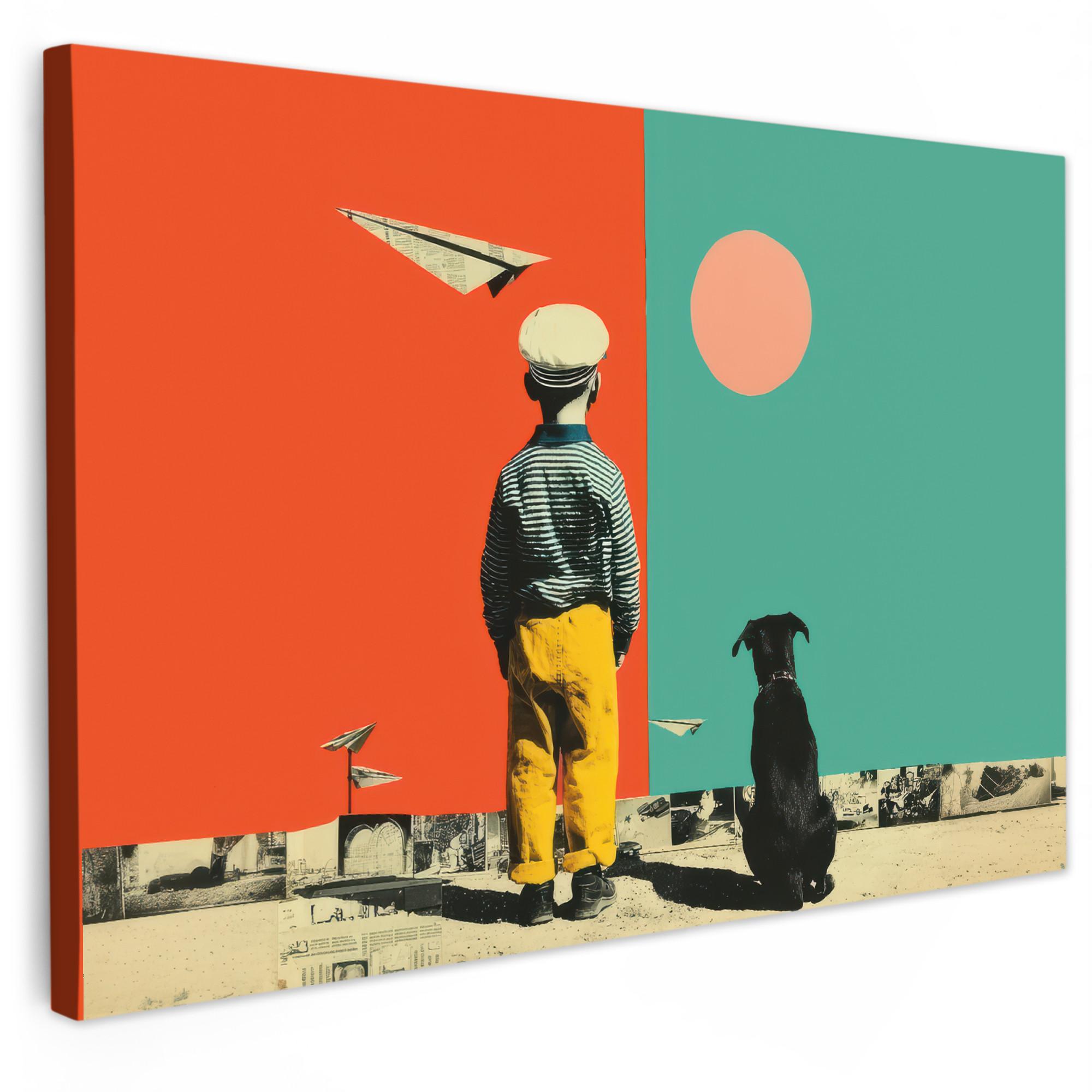 LEINWANDBILD Retro - Junge - Hund - Rot - Grün Wanddeko 90x60 cm - Orange, Textil (90/60cm) - MuchoWow