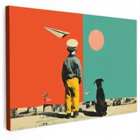 LEINWANDBILD Retro - Junge - Hund - Rot - Grün Wanddeko 90x60 cm - Orange, Textil (90/60cm) - MuchoWow
