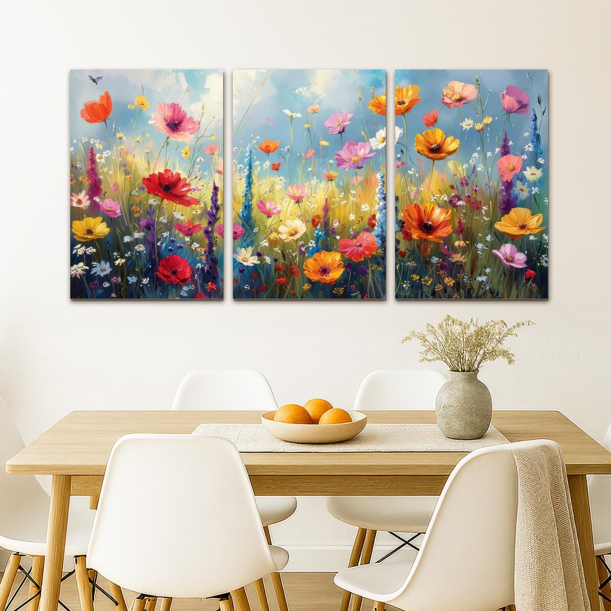 LEINWANDBILD 3er Set Blumen - Frühling - Farbenfroh - Sommerlich 120x60 cm - Orange, Textil (120/60cm) - MuchoWow