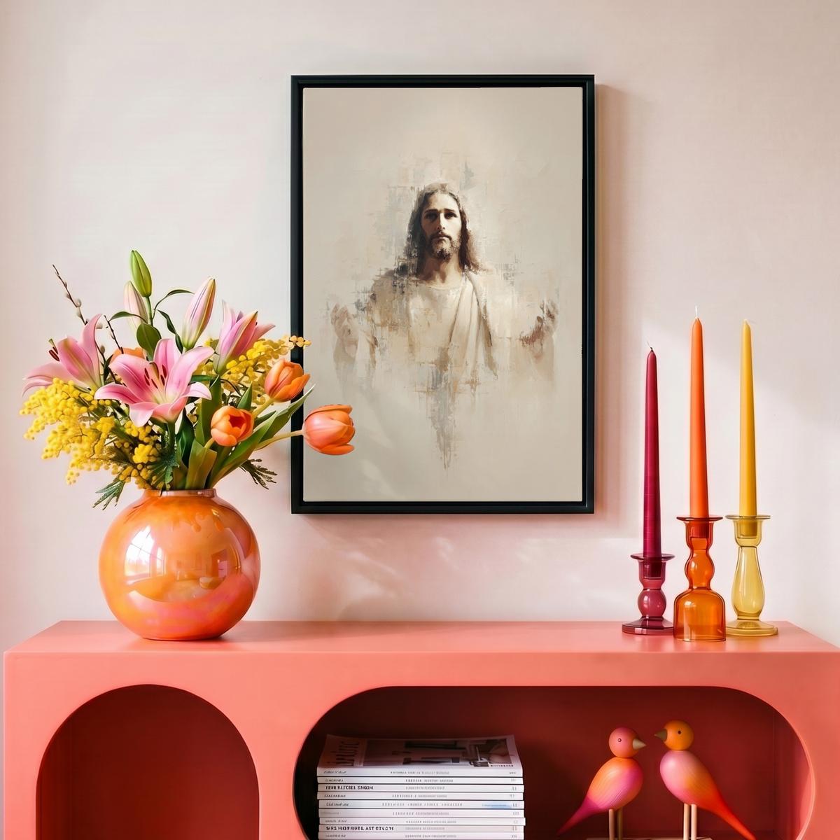 LEINWAND Bilder mit Rahmen - Porträt - Abstrakt - Jesus - Beige - 20x30 - Beige, Textil (20/30cm) - MuchoWow