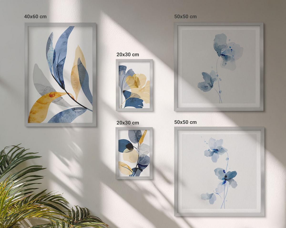 BILDER SET 5er Set - 50x50 cm & 20x30 cm & 40x60 cm Silberner Rahmen - Aquarell-Pflanzenmotive - Silberfarben, Kunststoff (40/60cm) - TULUP