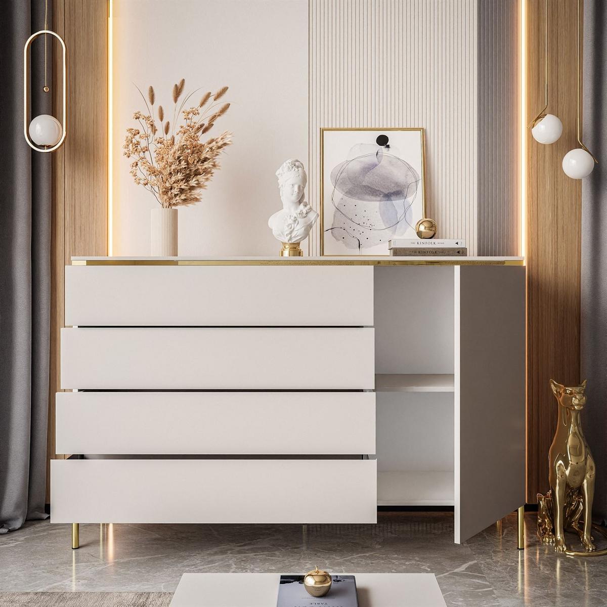 KOMMODE AURORA 4S1D Kaschmir mit gerade Goldchrom Fuße - Kaschmir/Goldfarben, Holzwerkstoff/Metall (140/91/40cm) - Lookway