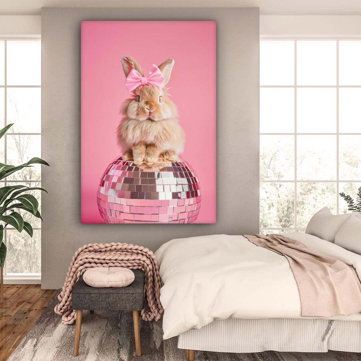 LEINWANDBILD Schleife - Discoball - Kaninchen Deko Groß 90x140 cm - Pink, Textil (90/140cm) - MuchoWow