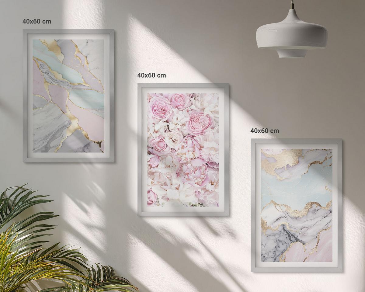 BILDER SET 3er Set - 40x60 cm Silberner Rahmen - Rosa Blumen Marmor Pastell - Silberfarben, Kunststoff (40/60cm) - TULUP