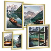 BILDER SET 5er Set - 50x50 cm & 20x30 cm & 40x60 cm Goldrahmen - See, Berge, Boote, Hütte, Fenster - Goldfarben, Kunststoff (40/60cm) - TULUP