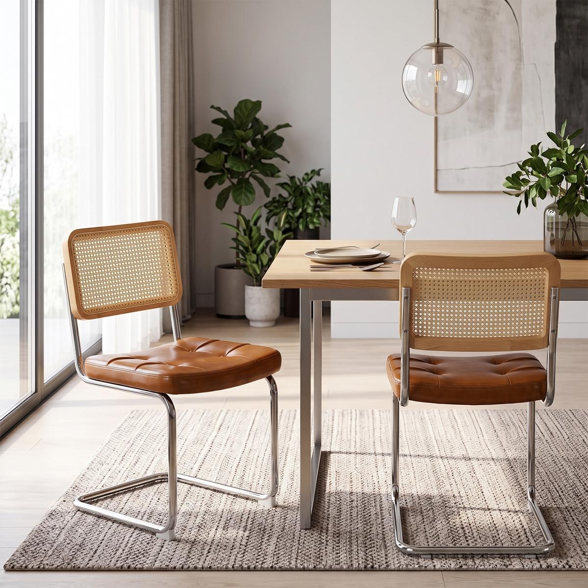 ESSZIMMERSTUHL 2er set kunstleder rattan verchromtes gestell freischwinger - Braun, Textil (53/84.6/46.4cm) - Urban Meuble
