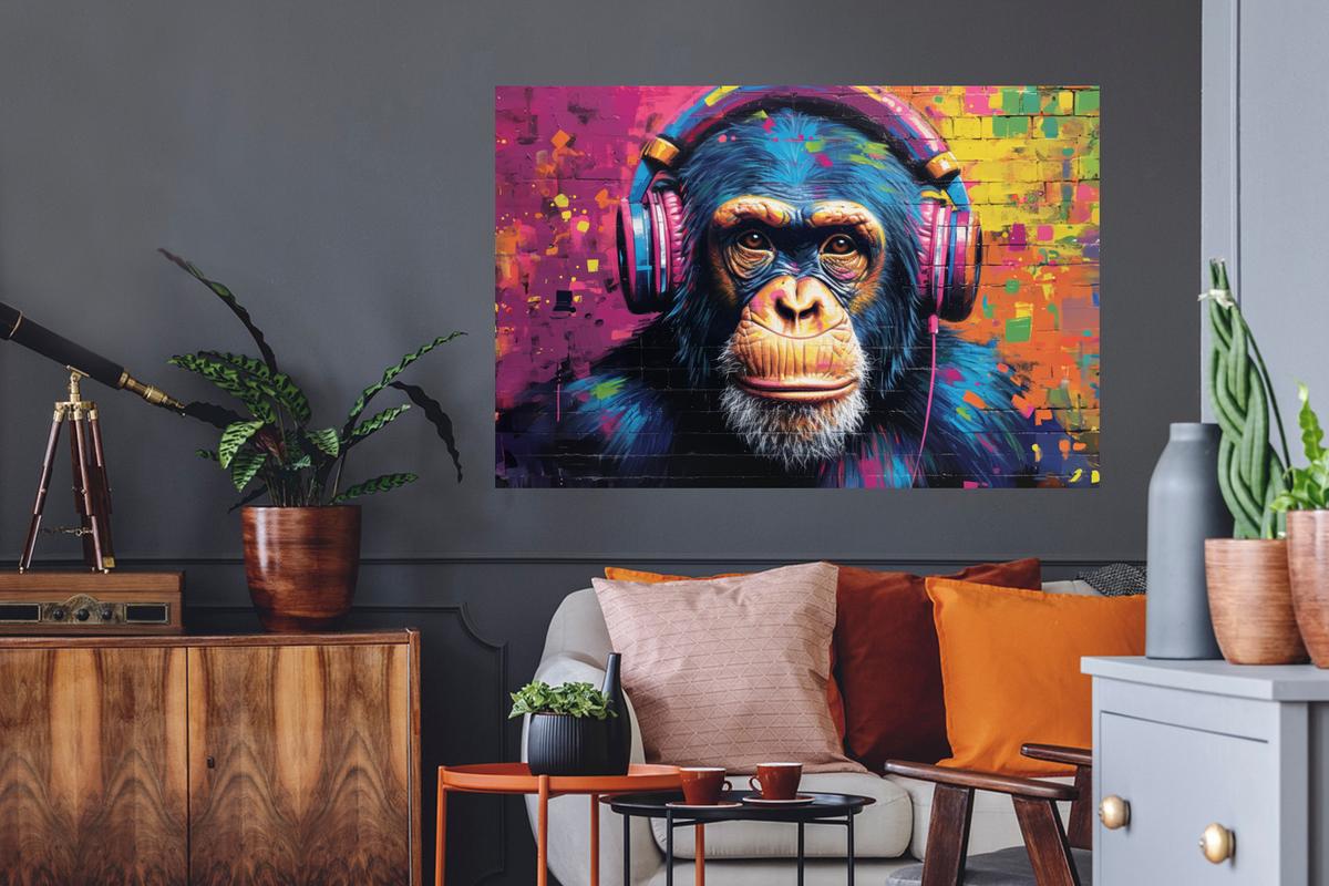 WANDTATTOO Graffiti - Schimpanse - Straßenkunst - Kopfhörer - Affe Wandsticker 120x80 cm - Blau, Kunststoff (120/80/0.1cm) - MuchoWow