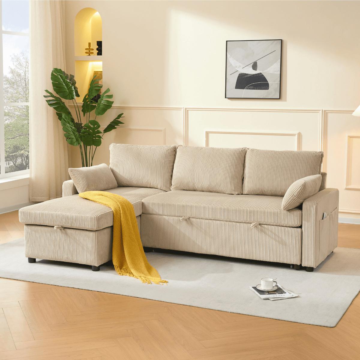 3-SITZER-SCHLAFSOFA in corduroy mit Chaiselongue 219/147/84 cm - Beige, Holz (147/84/66cm) - Calicosy