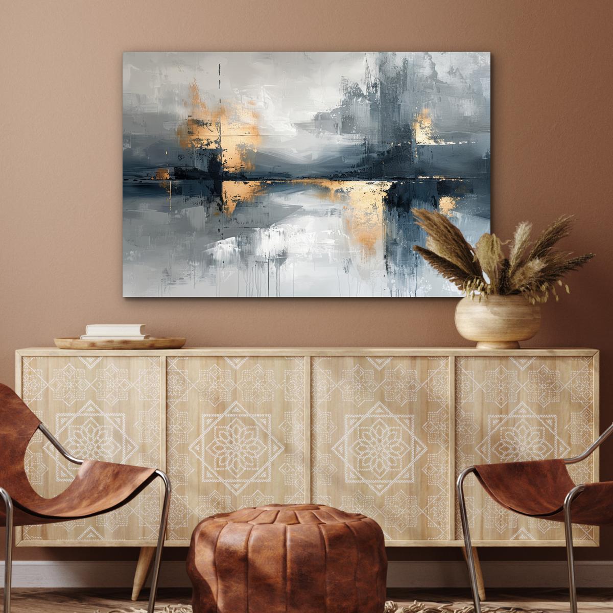 METALLBILD Kunst - Grau - Gold - Abstrakt Deko Groß 120x80 cm - Dunkelgrau, Metall (120/80cm) - MuchoWow