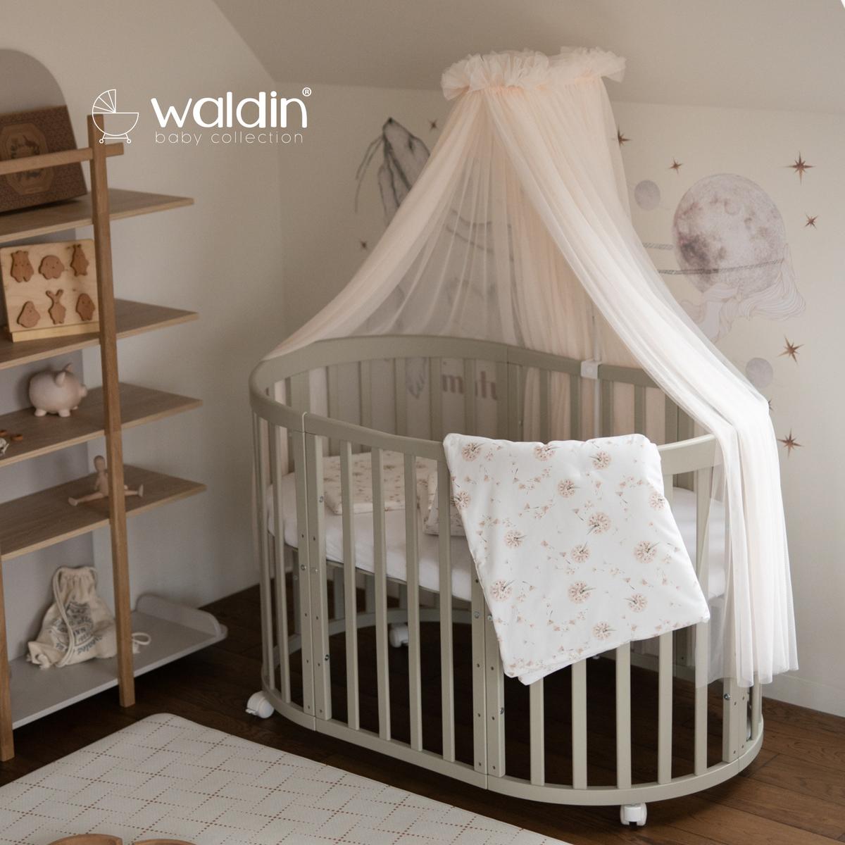 BABYBETT OLIVE OVAL 7in1 mit Matratze und Himmelset - Champagner/Olivgrün, Holz/Textil (73/125cm) - waldin