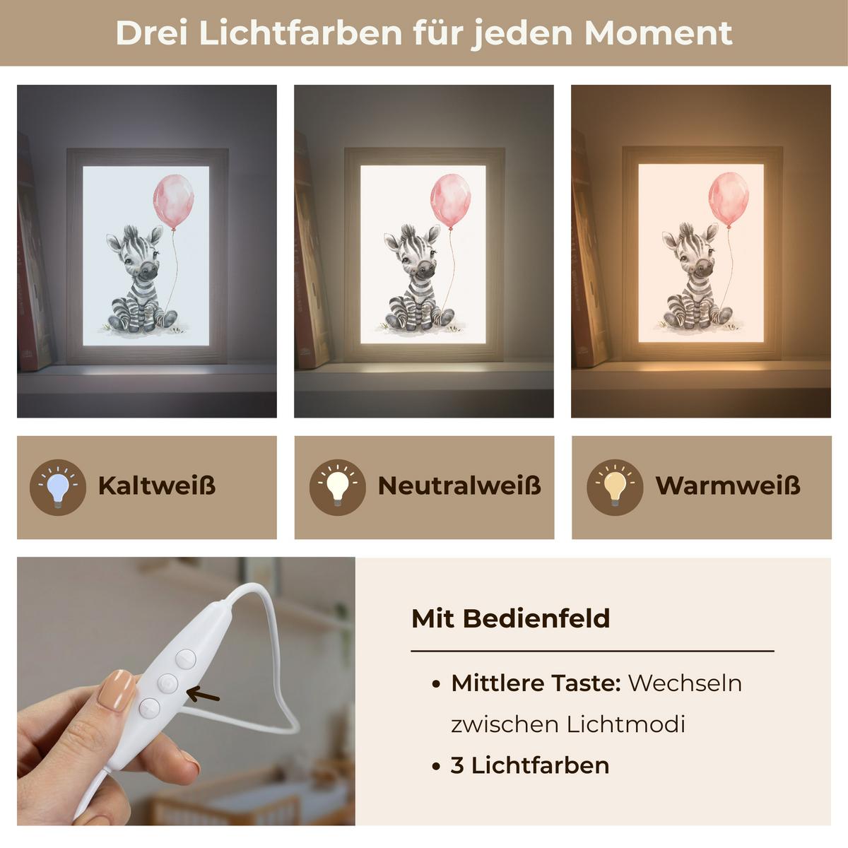 NACHTTISCHLAMPE Zebra - Baby - Tiere - Rosa Luftballon 15x20 cm - Weiß, Holzwerkstoff (8/15/20cm) - OnlyWow