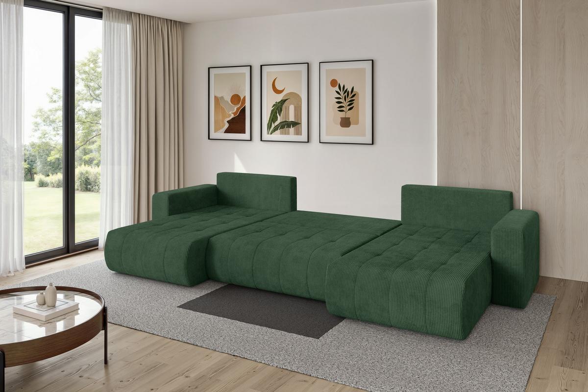 WOHNLANDSCHAFT mit Schlaffunktion und Bettkasten MILA-U 378x194x86 Grün Cord - Dunkelgrün/Schwarz, Holzwerkstoff/Kunststoff (378/86/194cm) - ALTDECOR