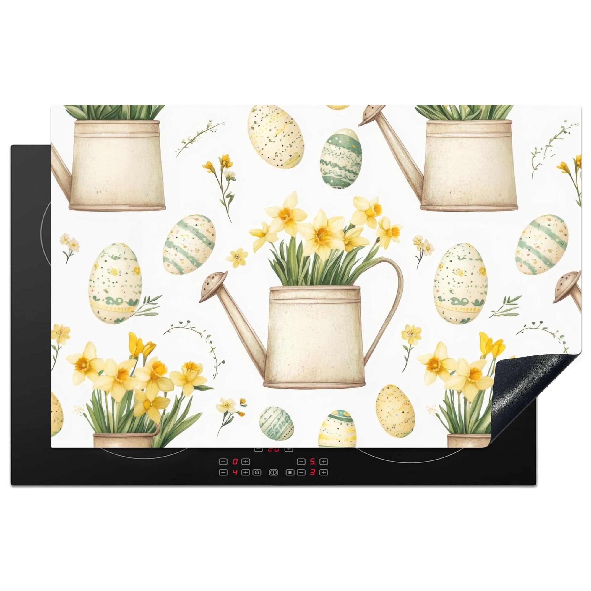 HERDABDECKPLATTE Gießkanne - Blumen - Eier Induktionsschutz 81.6x52.7 cm - Weiß, Kunststoff (81.6/52.7/0.2cm) - MuchoWow