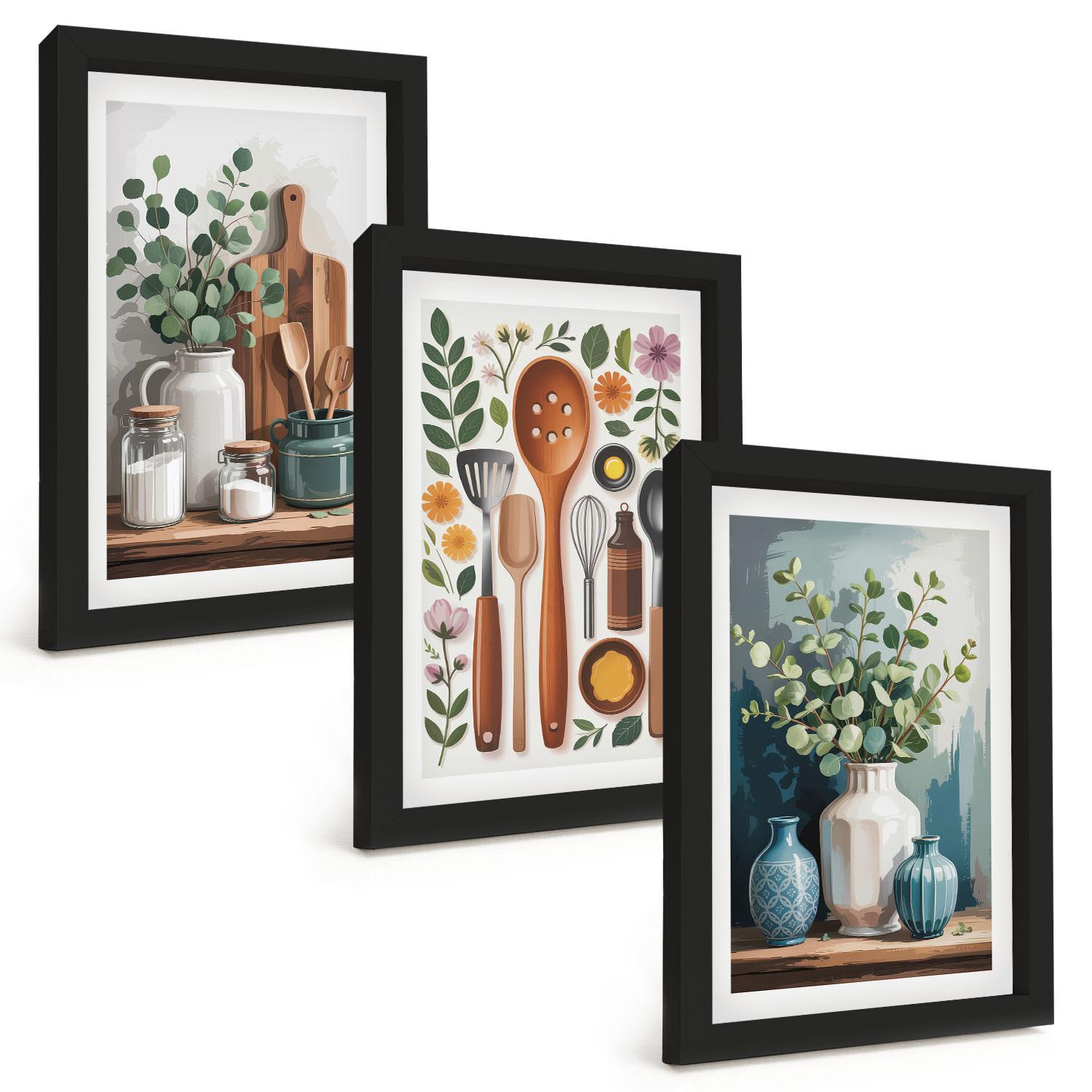 BILDER SET 3er Set - 20x30 cm Schwarzer Rahmen - Küchenaccessoires auf pflanzlicher Basis - Schwarz, Kunststoff (20/30cm) - TULUP
