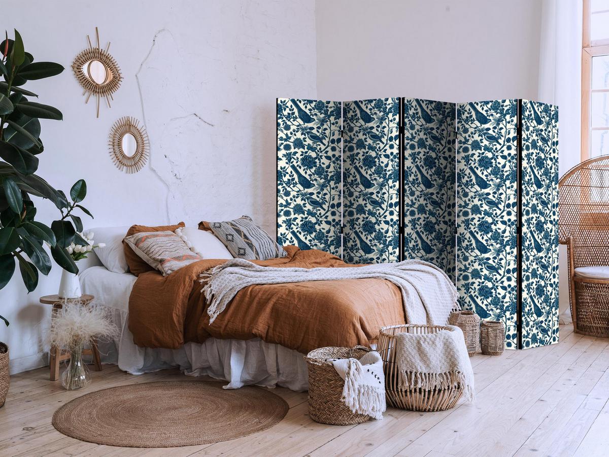 PARAVENT Akustik 5-tlg 225x172 cm Vögel und Rosen - Blau, Holz/Textil (225/172/3cm) - Muralo