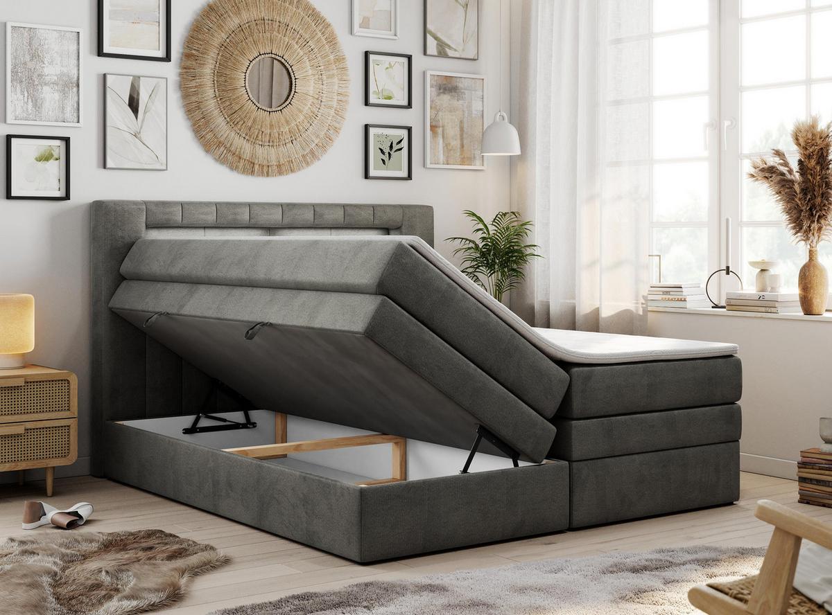 BOXSPRINGBETT GOLD-5 KING LED 200/200 Dunkelgrau Velvet - H4 - Dunkelgrau, Holz/Textil (200/200cm) - MKS