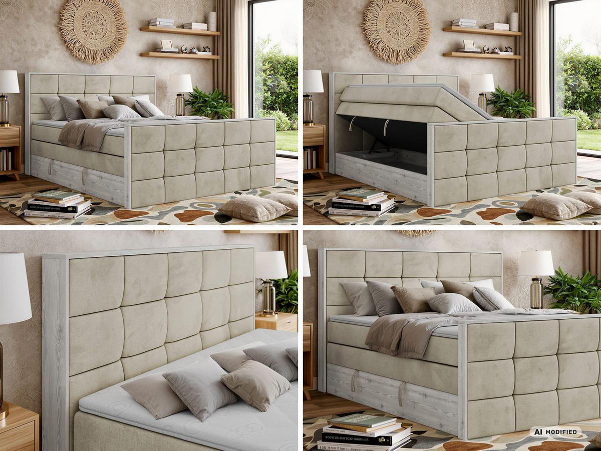 BOXSPRINGBETT ALNOR KING DUO 140/200 - Beige Velvet - Topper Visco - H3 - Beige/Schwarz, Kunststoff/Textil (140/200cm) - MKS