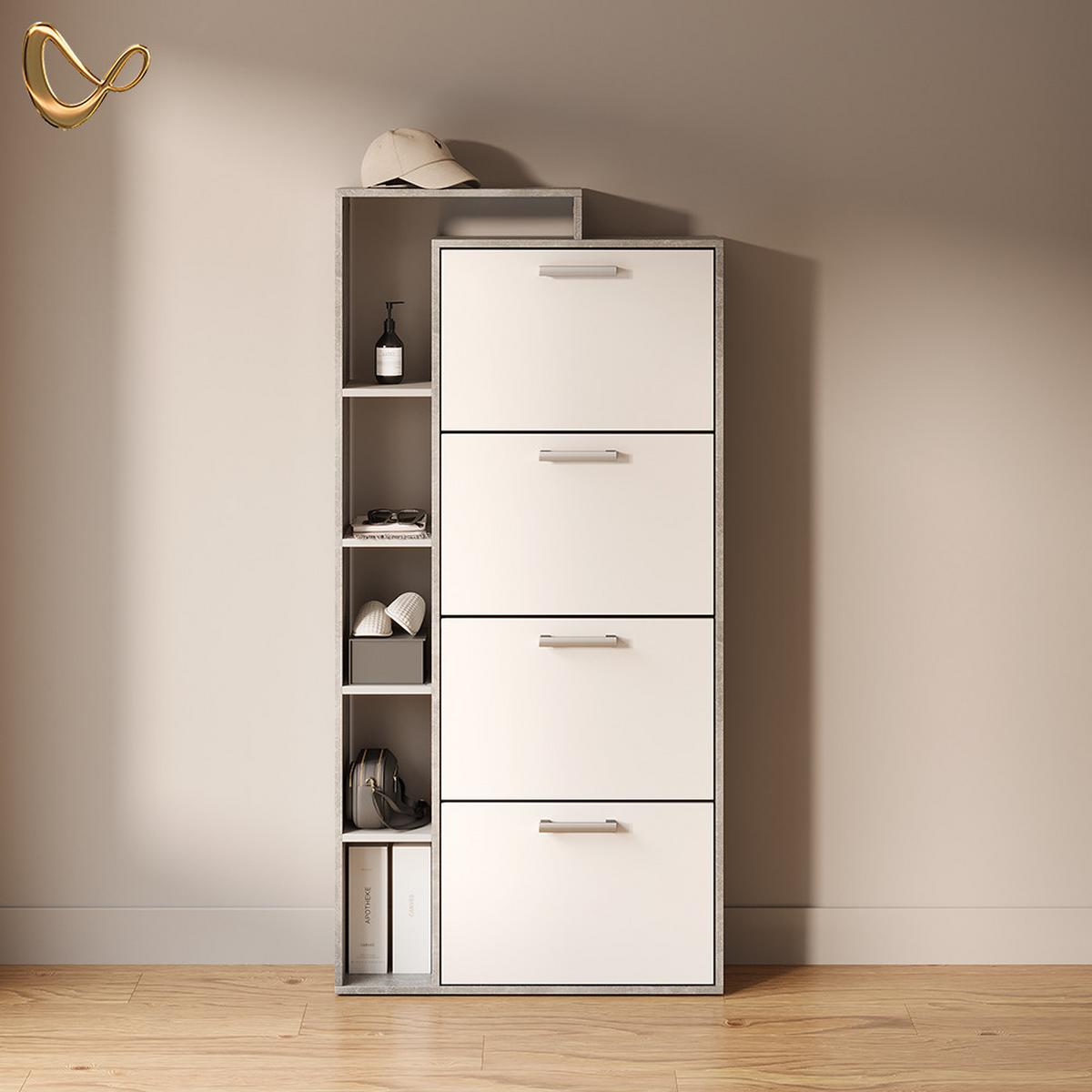 SCHUHKIPPER Ortello Weiß/Beton 80 x 166.1 cm mit 4 Fächern - Weiß/Grau, Holzwerkstoff (80/166.1/24.2cm) - Livinity®