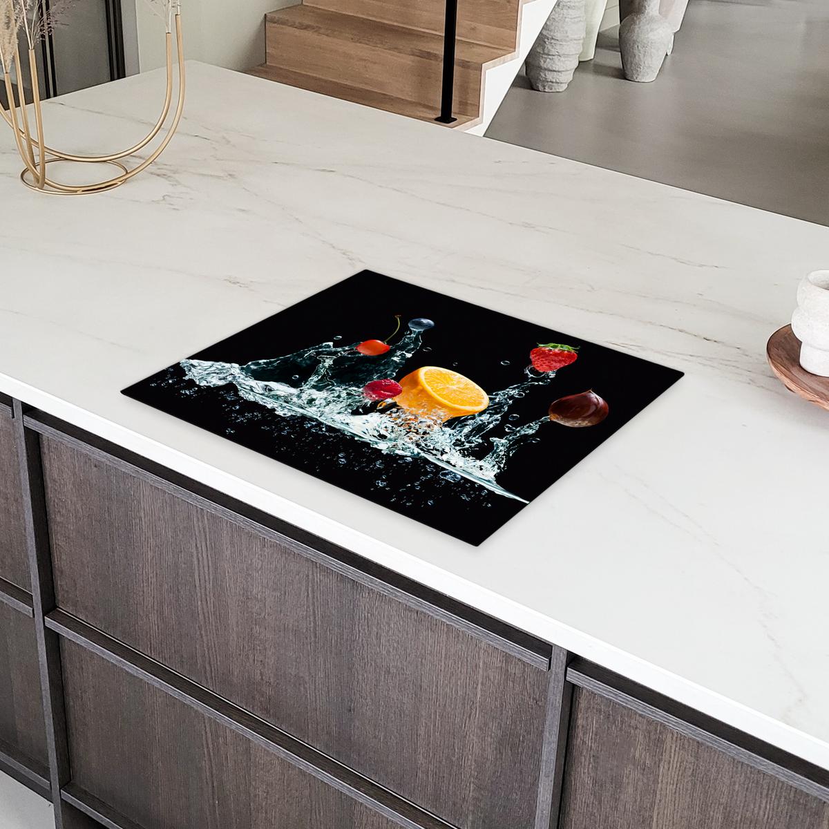 HERDABDECKPLATTE Wasser - Obst - Orange - Erdbeere - Kirsche - Schwarz Herdabdeckung Induktionsfeld 65x52 cm - Orange, Kunststoff (65/52/0.2cm) - MuchoWow