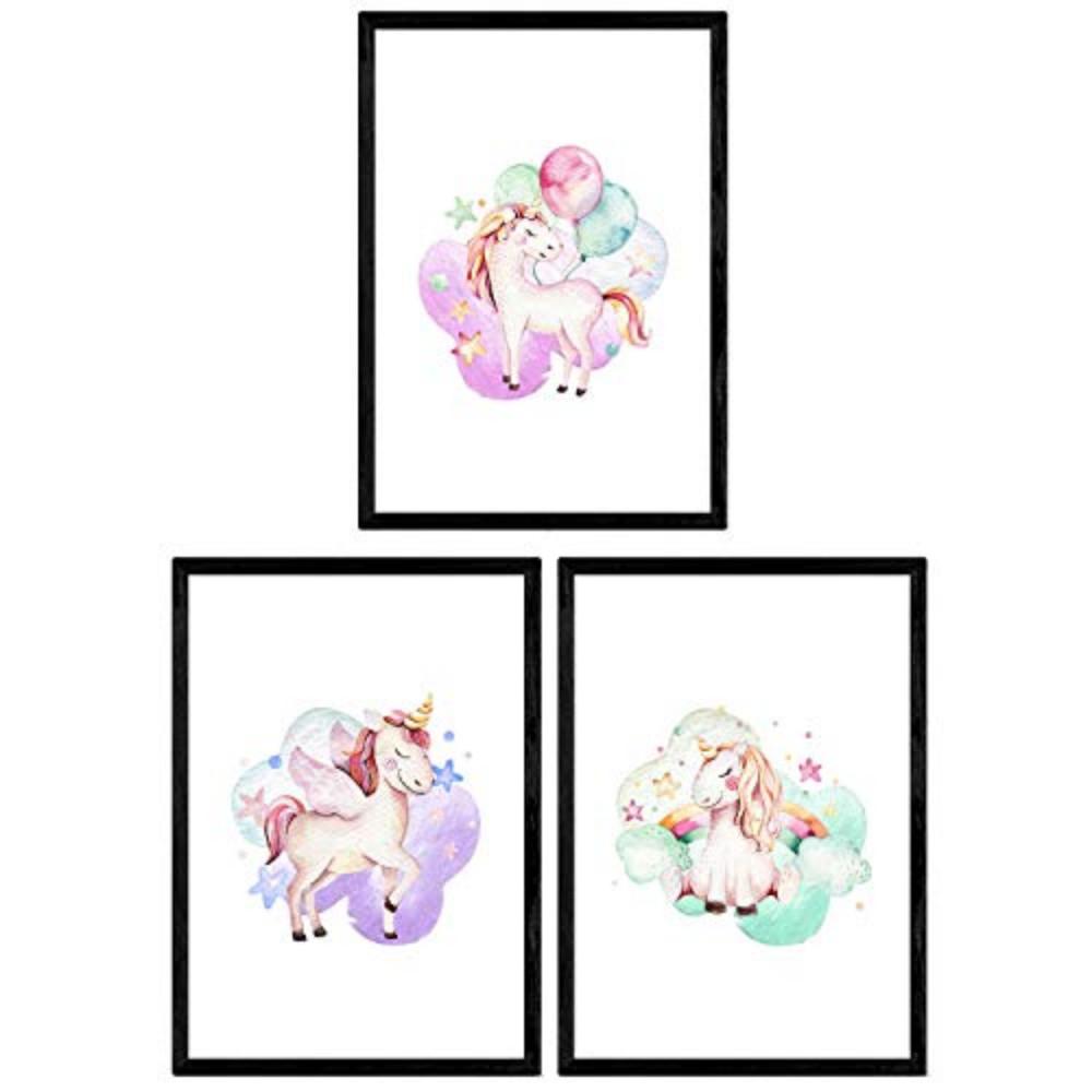 POSTER Set Mit 3 Kinder Tiere Einhorn Regenbogen A3 Rahmenlos - Klar, Papier (29.7/5/42cm) - Nacnic