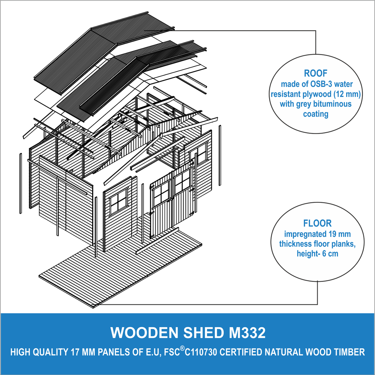 HOLZ-GARTENHAUS MIT IMPRÄGNIERTEM BODEN - H246 x 418 x 220 cm/ 8 m² - M332+332G - Beige, Holz (418/252/199cm) - Timbela