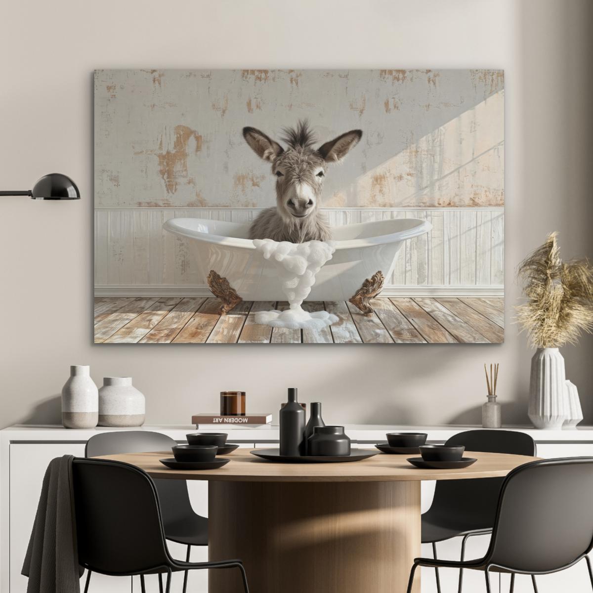 AKUSTIKBILD Esel - Tiere - Badewanne - Schaumstoff Wandbild Wohnzimmer 100x70 cm - Weiß, Kunststoff (100/70/0.9cm) - MuchoWow
