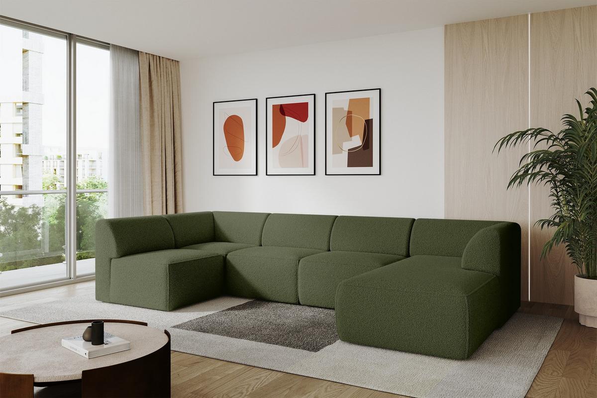 WOHNLANDSCHAFT Ottomane Rechts MOVO-L 345x180x78 cm Grün Bouclé - Dunkelgrün, Holzwerkstoff/Kunststoff (180/78/345cm) - ALTDECOR
