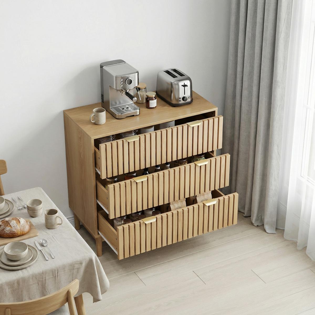 SIDEBOARD eichen-optik & latten-design mit 3 schubladen & goldgriffen - Eichefarben, Holzwerkstoff (80/80/39cm) - Urban Meuble